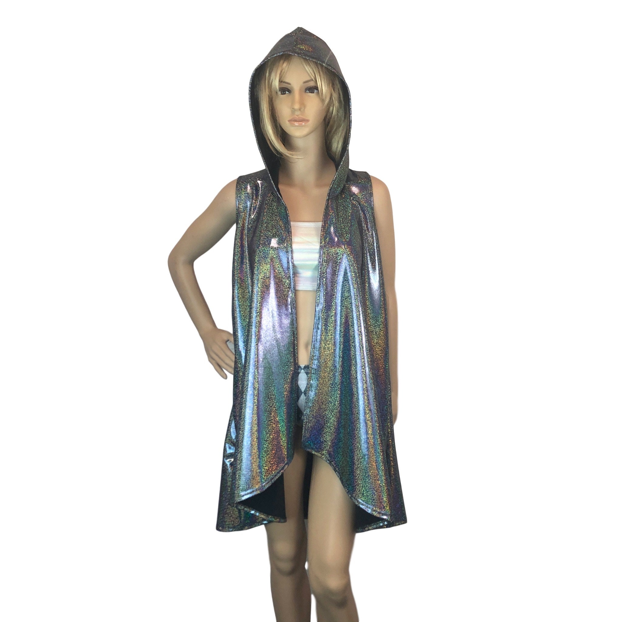 Jimmy Rave Robe Design Hooded Sleeveless Rave Kimono Robe - *gleaming Silver Holographic ...