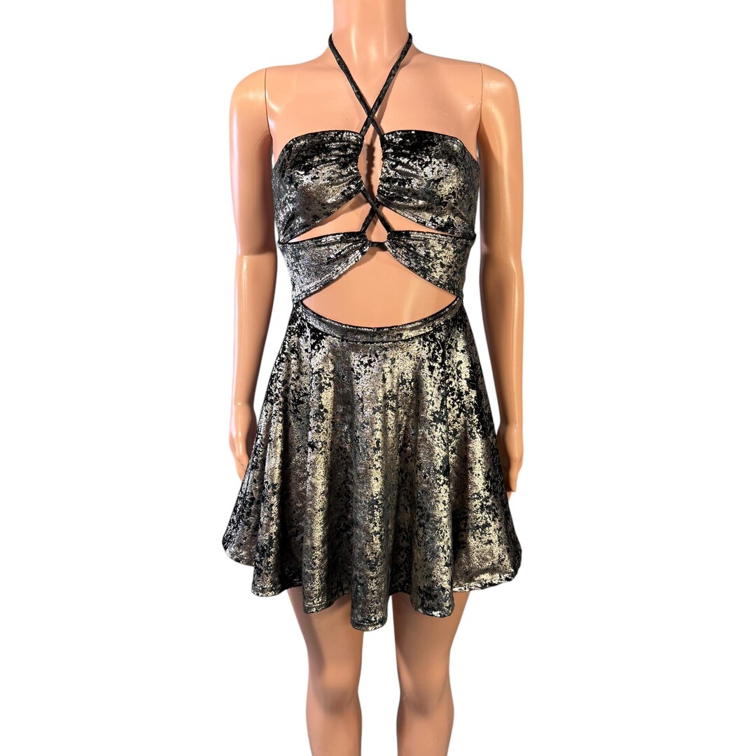 Halter Skater Fit N Flare X-string Dress in Gunmetal on Black Gilded ...
