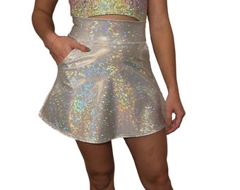 Silver on White Shattered Glass A-LINE Skirt w/Optional POCKETS - Holograph festival Rave Skirt - Iridescent Skirt - High Waisted Rave Skirt