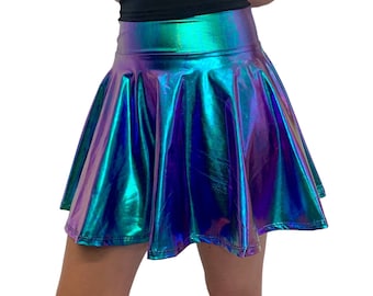 Holographic Skater Skirt - Oil Slick Metallic High Waisted | CHOOSE LENGTH | Clubwear, Rave Wear, Mini Circle Skirt