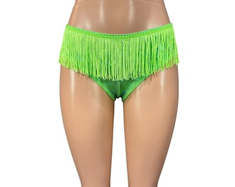 Fringe Cheeky Bikini Bottom Lime Holographic Low-Rise Hot Pants | Rave Outfit or Festival Clothing