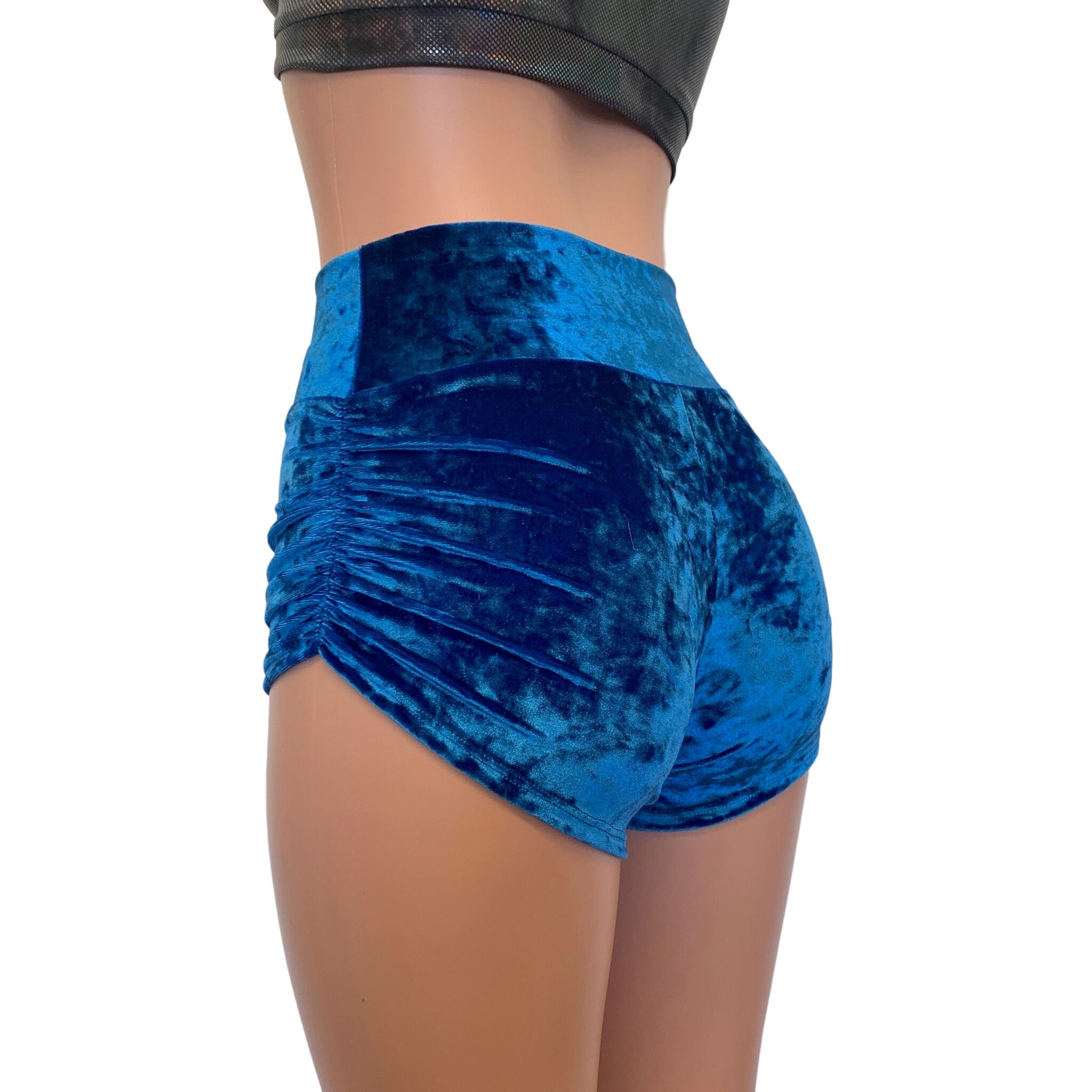 Blue Crushed Velvet Booty Shorts Ruched 