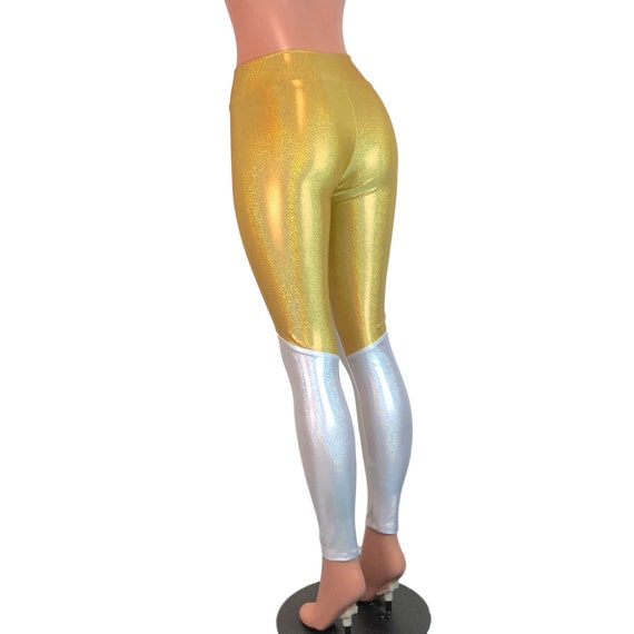 Metallic Gold Leggings Pants Rave Pants, Festival Clothing, EDM Clothes,  80s Pants High Waist Leggings 