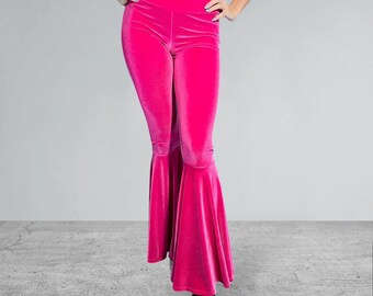 【HI FI FNK】(W) Pearls Velvet Pants Fuchsia Pink Velvet Bell Bottom Pants High-waisted - Rave