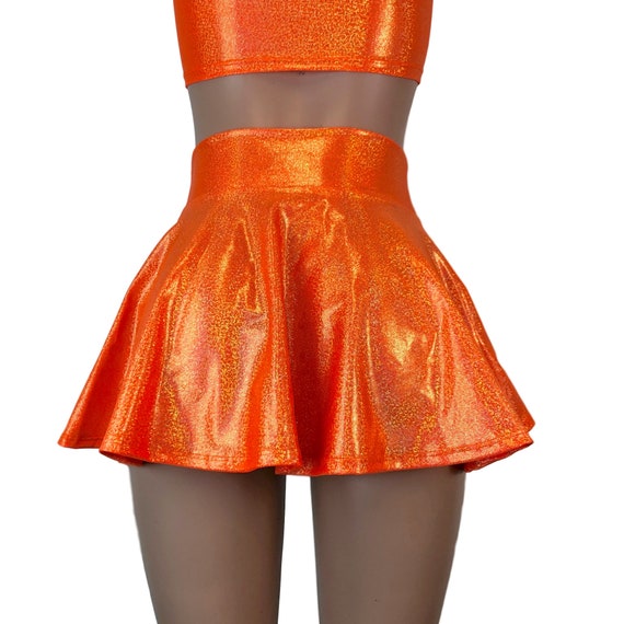 Mini 13 Skater Skirt orange Sparkle High Waist Skater Skirt Holographic Mini Skirt Rave Skirt Etsy