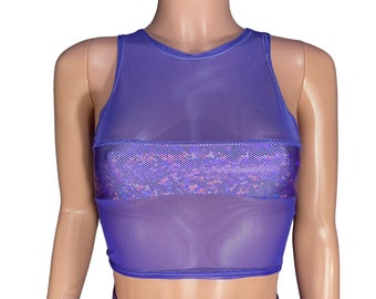 Lavender Holographic Shattered Glass Mesh Censor Crop Top - Rave Clothing, Festival Clothes