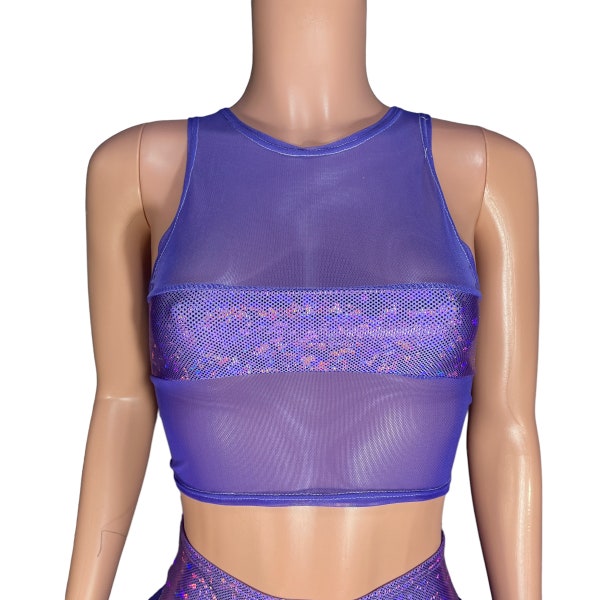 Lavender Holographic Shattered Glass Mesh Censor Crop Top - Rave Clothing, Festival Clothes