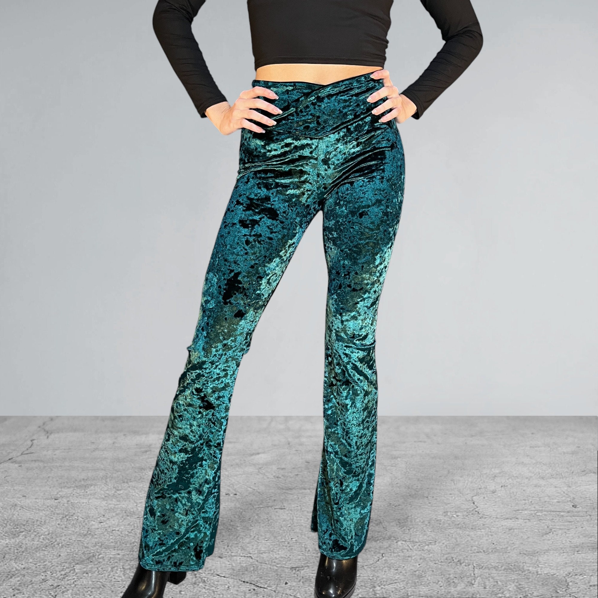 ODOLDI Black Velvet Bell Bottom Pants for Women Elastic High