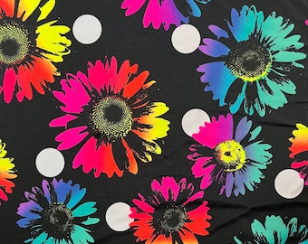 Tecido de spandex elástico de 4 vias com bolinhas margaridas elétricas para uso no quintal