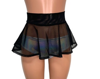 Black Mesh Super Mini 10" High Waisted Skater Skirt | Rave Skirt, Sheer Festival Skirt