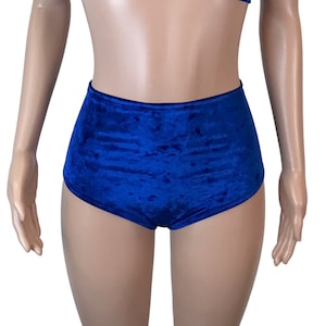 Calça quente de cintura alta de veludo azul esmagado – Shorts de espólio – Parte de baixo do biquíni – Roupa para festival ou rave