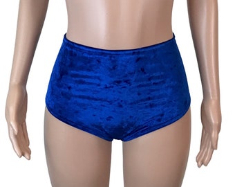 Blue Crushed Velvet High Waisted Hot Pants - Booty Shorts - Bikini Bottom - Festival or Rave Clothing
