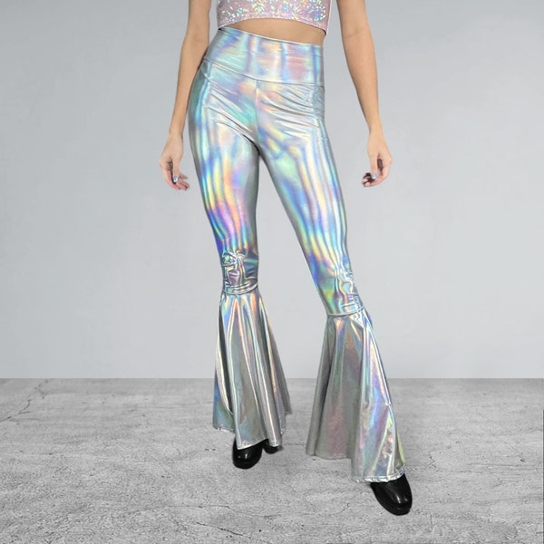 Opal Holographic Bell Bottom Pants High-Waisted - Rave, Festival, EDM, 80s Clothing, Disco Outfit