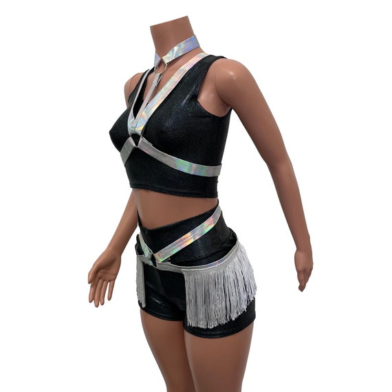 Fringe Harness Set in Opal Holographic Cage Bra Rave Body Harness Outfit W Fringe Skirt and Choker Etsy Canada