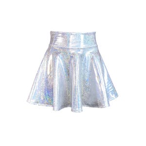 High Waisted Skater Skirt Holographic Silver on White Sparkle Mini Skirt Rave Skirt zdjęcie 6