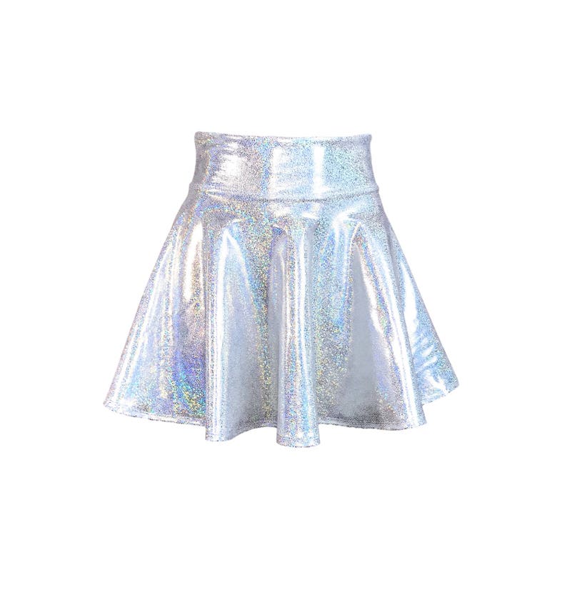 High Waisted Skater Skirt Holographic Silver on White Sparkle Mini Skirt Rave Skirt image 6