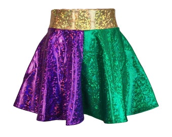 CHILD Mardi Gras Holographic High Waisted Skater Skirt - Mardi Gras Costume, Festival Clothing