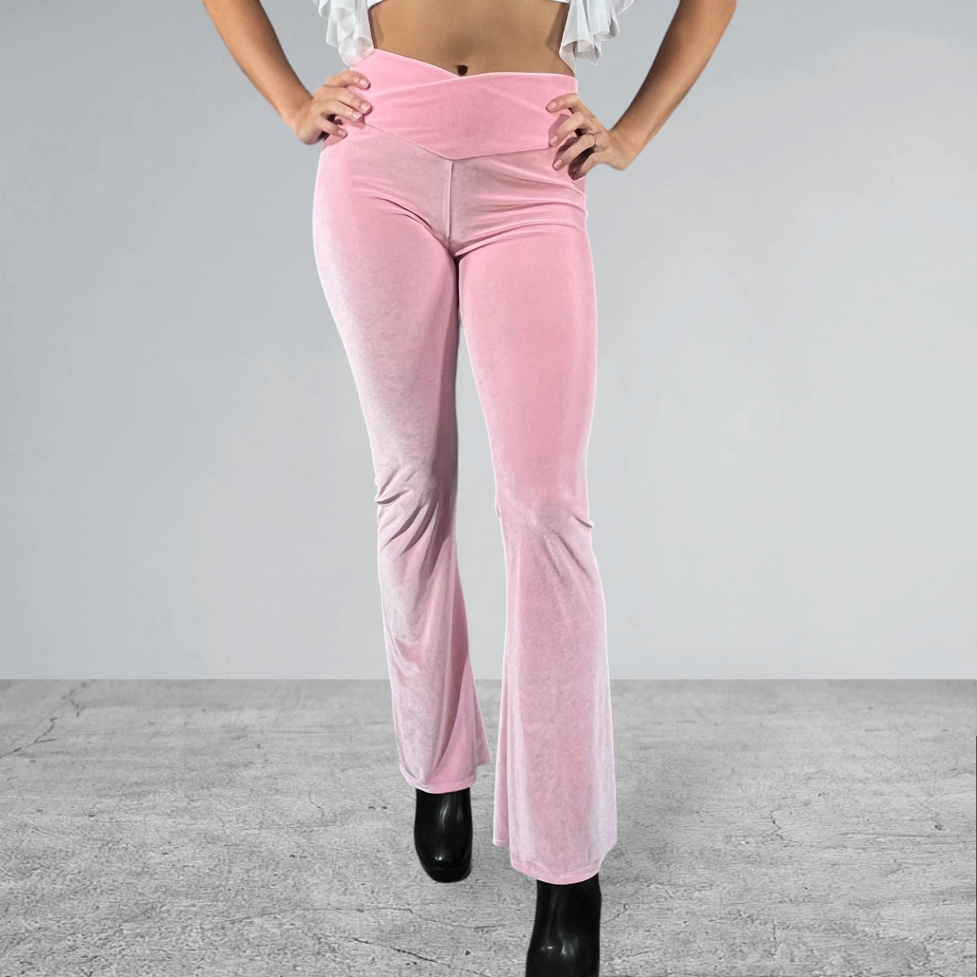 Crossover Waist Bootcut Flare Pants *light Pink Velvet Spandex