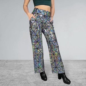 Silver Glass Pane Holographic Wide Leg Pants - Optional Pockets - Relaxed fit Flattering Pants