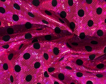 Pink & Black Polka Dot Holographic Shattered Glass Nylon Spandex Fabric by-the-yard, Holo, Hologram
