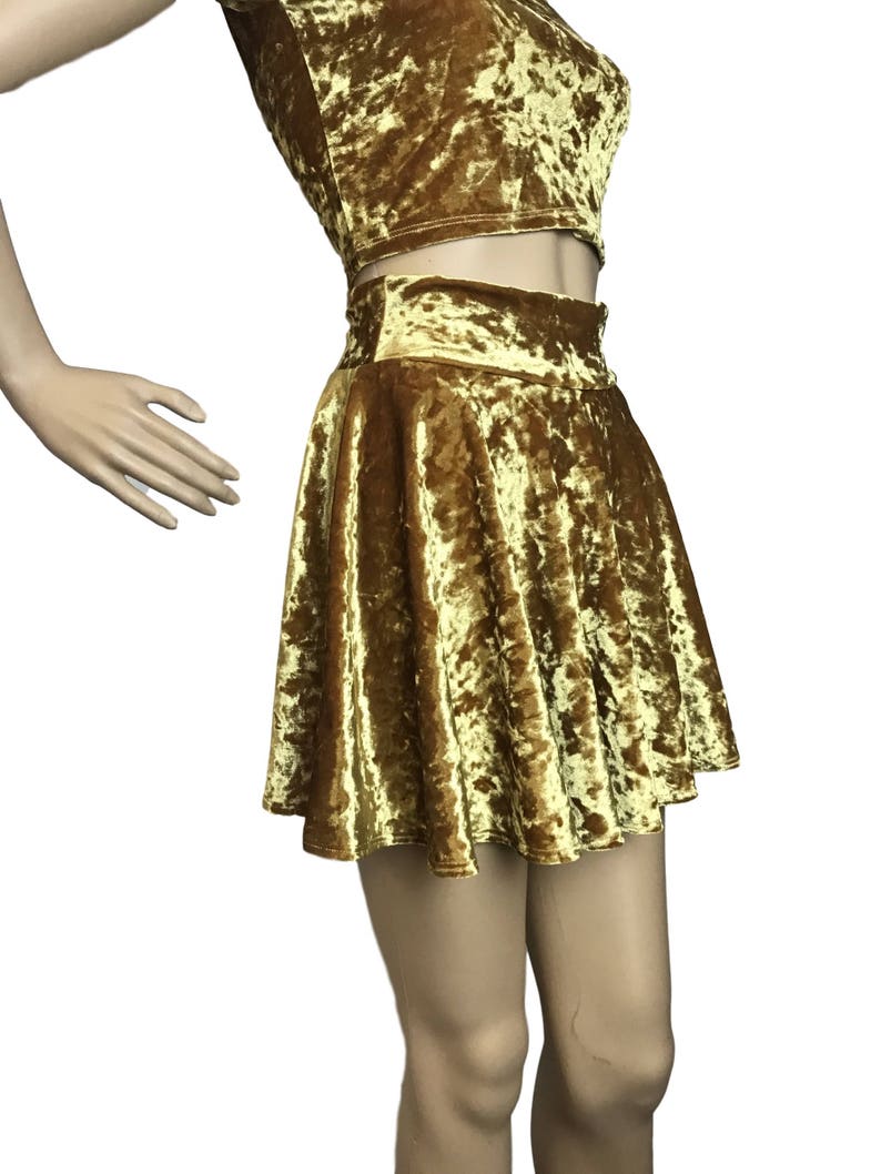 Crushed Velvet Skirt Mustard Yellow Gold Skater Skirt Velvet Rave Skirt Gold Mini Skirt image 2