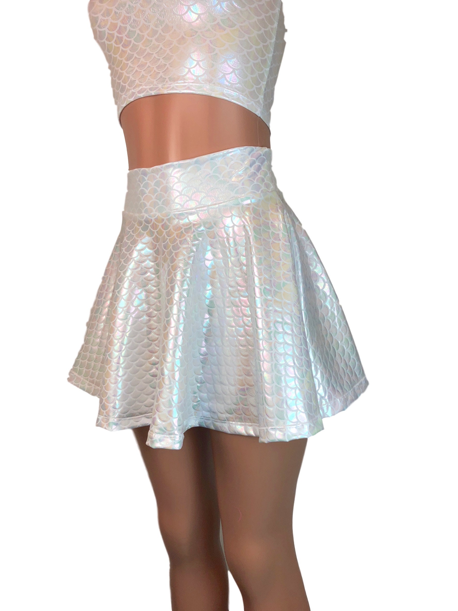 White Mermaid Scales Holographic High Waisted Skater Skirt - Etsy