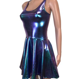 Holographic Oil Slick Skater fit n flare Tank Dress Club, Rave, Sexy Mini Dress, Cocktail, Festival Outfit image 3