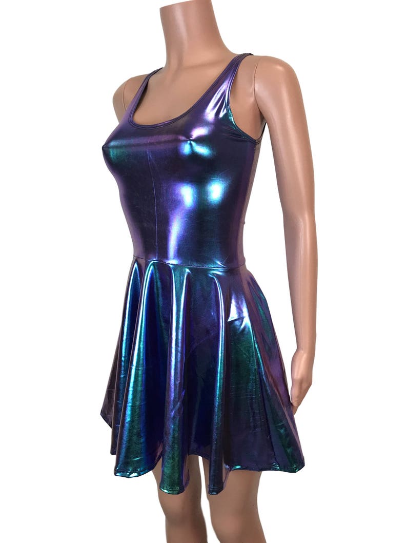 Holographic Oil Slick Skater fit n flare Tank Dress Club, Rave, Sexy Mini Dress, Cocktail, Festival Outfit image 3