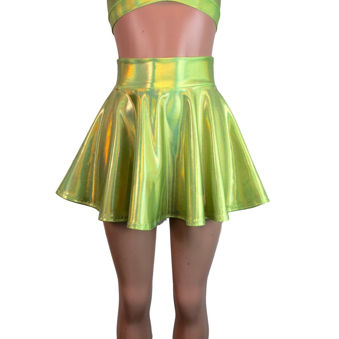 Lime Green Holographic High Waisted Skater Skirt Clubwear, Rave Wear ...