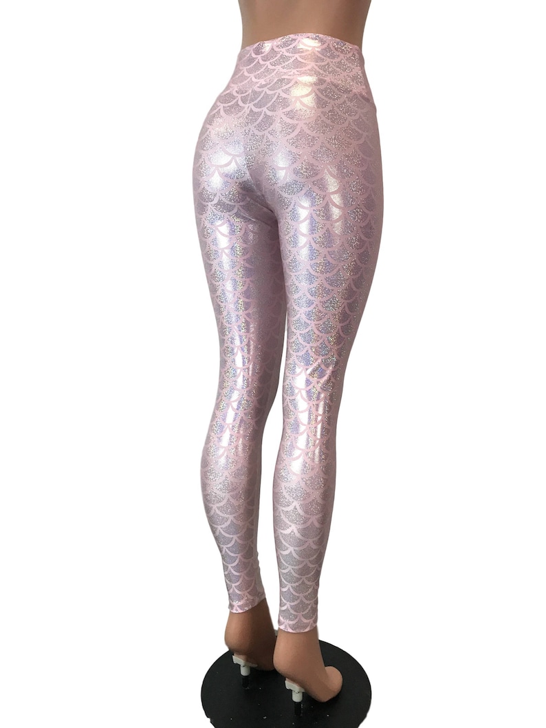 Pink Mermaid Scale Holo Holographic High Waisted Leggings Pants Rave, Festival, EDM, 80s Clothing High Waisted Funky image 4