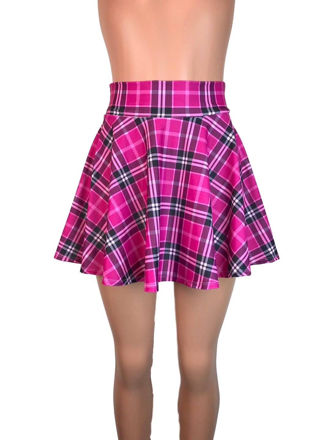 Pink Plaid High Waisted Skater Skirt Clubwear, Rave Wear, Mini Circle