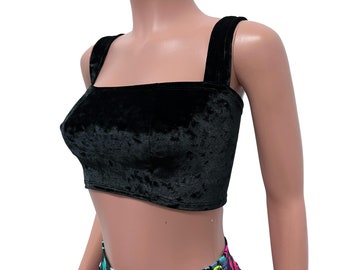 Black Crushed Velvet Wide Strap Top - Rave Wear, Festival Clothing