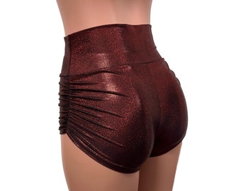 Ruched Booty Shorts - Dark Red Sparkle | Ruched Rave Shorts - Scrunch Shorts - CHOOSE your RISE - Roller Derby, Festival, Rave