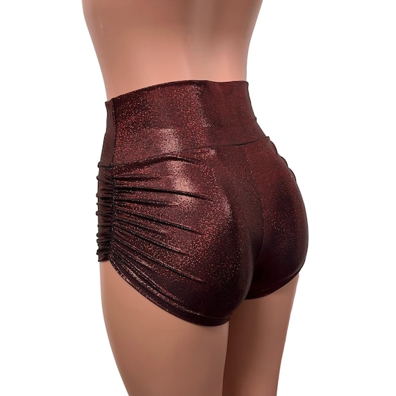 Ruched Booty Shorts Dark Red Sparkle Ruched Rave Shorts Scrunch