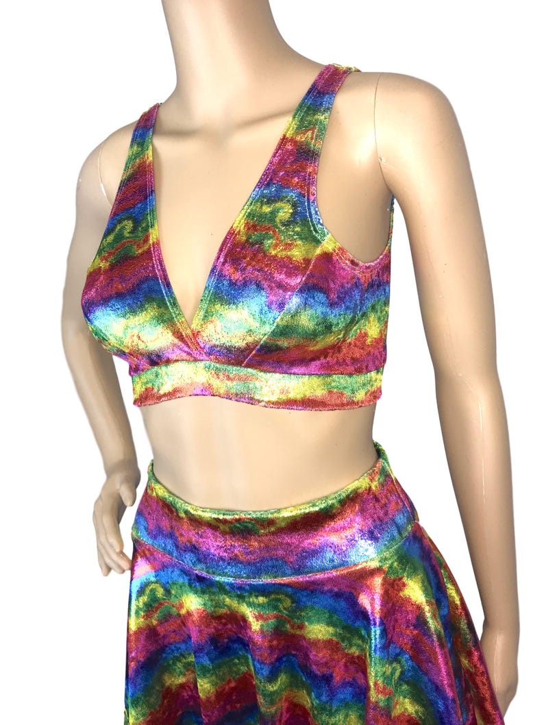 festival top Running Rave Wear Metallic Rainbow Velvet Bralette Activewear Yoga crossfit