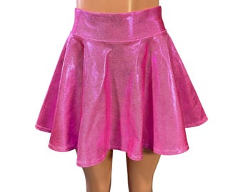 Pink High Waisted Skater Skirt - Candy Pink Mystique Metallic - Rave Wear, Mini Circle Skirt, Festival Outfit, Dance Skirt