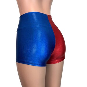 May include: Blue and red shiny shorts with a high waist. The shorts are made of a stretchy, comfortable material.