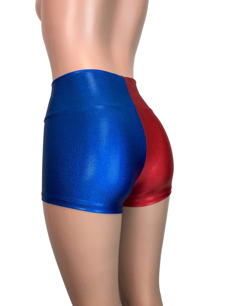 May include: Blue and red shiny shorts with a high waist. The shorts are made of a stretchy, comfortable material.