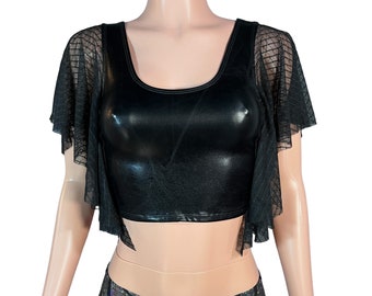 Flutter Sleeve Top Black Metallic w/ Vixen Mesh | Mesh Sleeve Ruffle Shirt | Festival Crop Top
