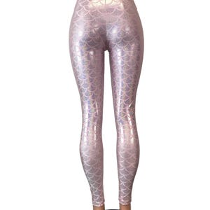 Pink Mermaid Scale Holo Holographic High Waisted Leggings Pants Rave, Festival, EDM, 80s Clothing High Waisted Funky image 3