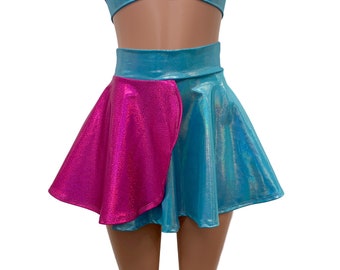 Pink and Blue Sparkle Petal Skater Skirt Faux Wrap, Rave Skirt, Festival  Clothing 