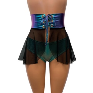 Lace-Up Skirt - *Black Mesh w/ Oil Slick Holographic* - Corset Skirt, Open Skirt, Hi-Lo Skater, Festival Clothing, Rave Outfit