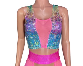Mesh Inset Crop Tank Top - *Rainbow Avatar Spandex* - Rave Clothing, Holographic Festival Clothes, Performance Clothing