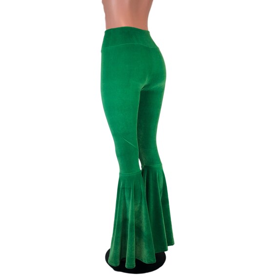 Kelly Green Velvet Bell Bottoms Pants - High Waisted