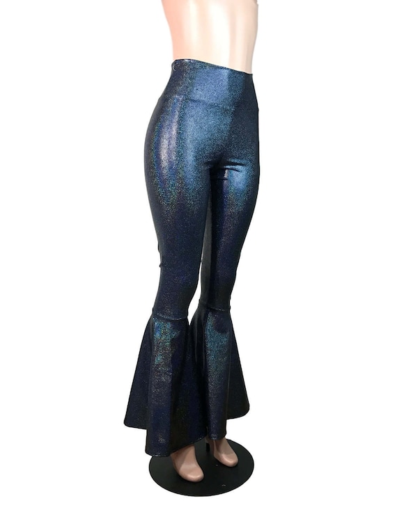 Black Hologram Bell Bottoms Shimmery Spandex Pants Yoga, Rave