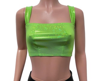 Lime Green Holographic Wide Strap Top - Rave Wear, Festival Clothing