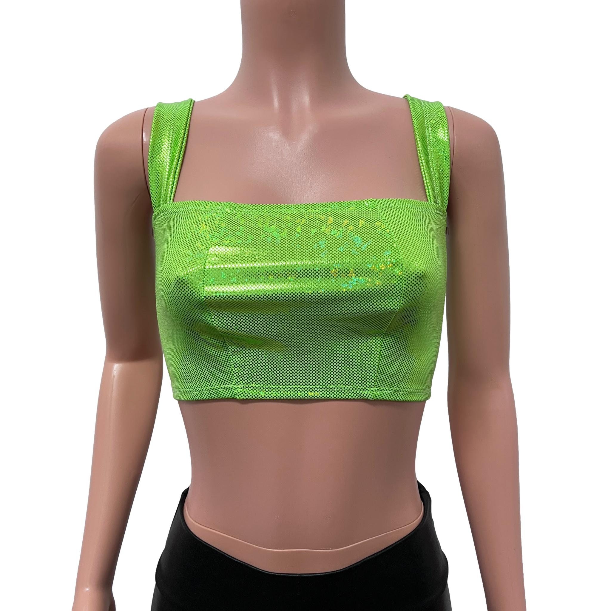 Lime Green Holographic Wide Strap Top - Rave Wear, Festival Clothing