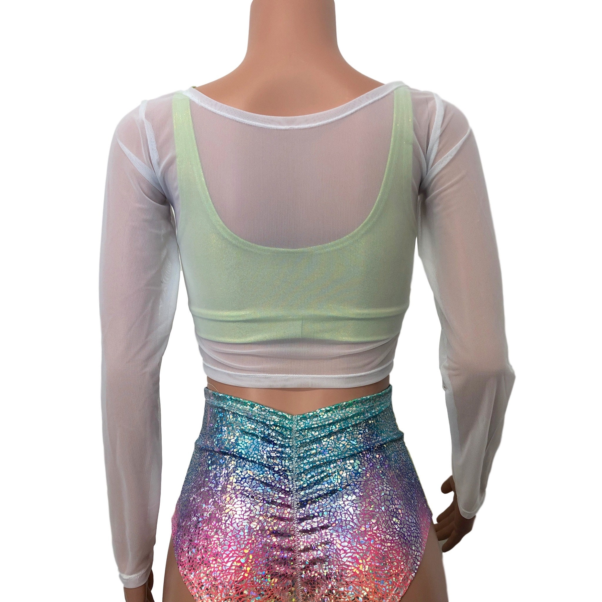 White Mesh Sheer Long Sleeve Crop Top Rave Top Festival - Etsy