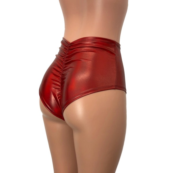 Scrunch Bikini - High Waist *Red Holographic* - Ruched Booty Shorts - Brazilian Bikini Bottom - Rave Clothing, Festival Clothes
