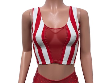 Mesh Inset Crop Tank Top - *Red Stripe* - Rave Clothing, Festival Clothes, Performance Clothing, Aerial Outfit, Pole Fitness